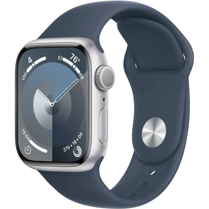 Apple Watch Series 9 GPS 41mm pouzdro ze stříbrného hliníku - bouřkově modrý sportovní řemínek - S/M (MR903QC/A)