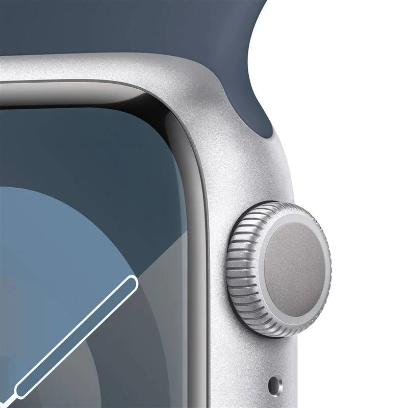 Apple Watch Series 9 GPS 41mm pouzdro ze stříbrného hliníku - bouřkově modrý sportovní řemínek - S/M (MR903QC/A)